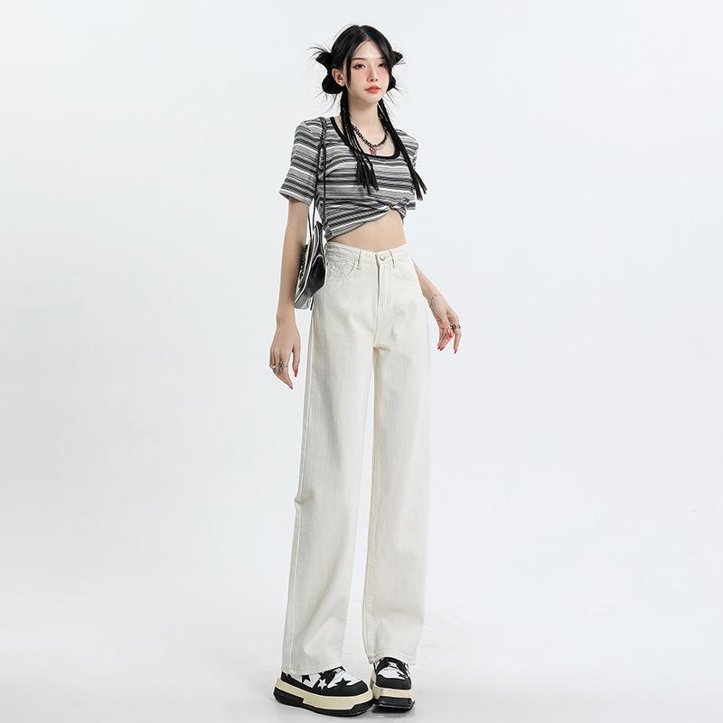 デニム レディース ストレート ゆったり ハイウエスト ワイドレッグ ジーンズ パンツ 米白 黒 ブルー ベージュ XS S M L XL XXL