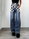 デニムパンツ レディース 春物 格子柄 切り替え ジーンズ ジーパン ストレート 普段使い ゆったりめ 綿 ポリエステル 深青