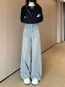 デニム レディース ハイウエスト ジーンズ 梨体型 ゆったり 小柄 薄手 浅青 ワイドレッグ ストレート パンツ