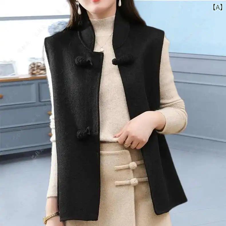 ベスト レディース 秋冬 チャイナ風 Aライン 立襟 ショート丈 ベスト ブラック レッド オートミール ゆ..