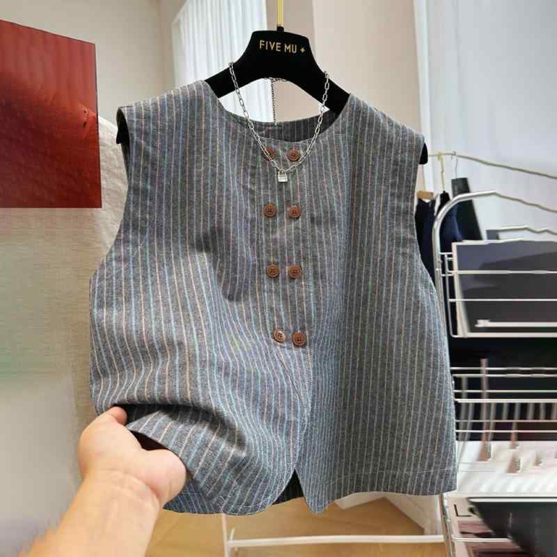 ベスト レディース ノースリーブ ストライプ チュニック トップス ゆったり 薄手 ポリエステル 体型カバー M L XL 2XL 3XL 4XL グレー カジュアル 通勤 普段使い 春夏