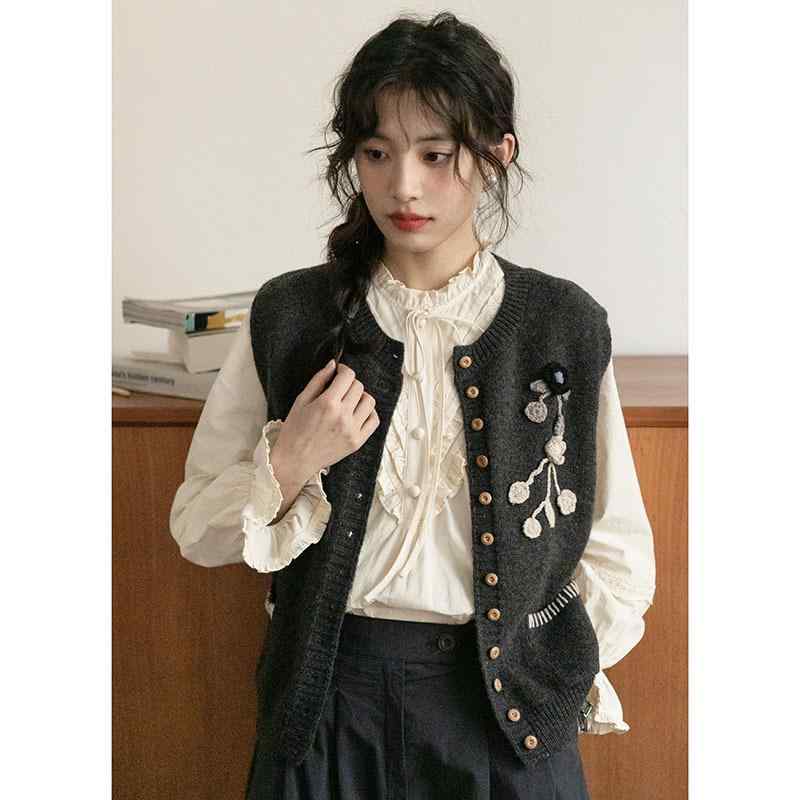 ニット レディース カーディガン 春秋 レトロ かぎ針編み 刺繍 ラウンドネック ニットベスト 黒 ブラック グレー ゆったり