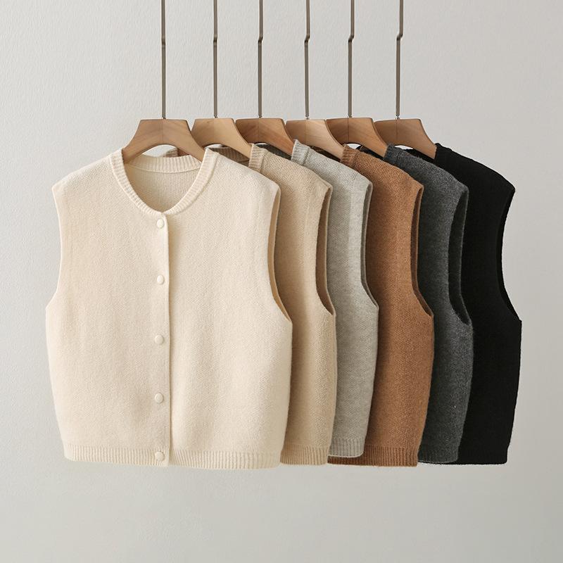ベスト レディース 重ね着風 ニットベスト カーディガン 丸首 無地 ポリエステル ミルキーホワイト アプリコット カーキ チャコールグレー ブラック レトロ(x2)