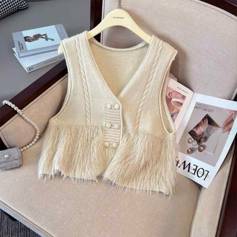 ベスト レディース Vネック ニットベスト プルオーバー ゆったり 大きめサイズ 配色 ポリエステル ショート丈 通勤 米白(x2)