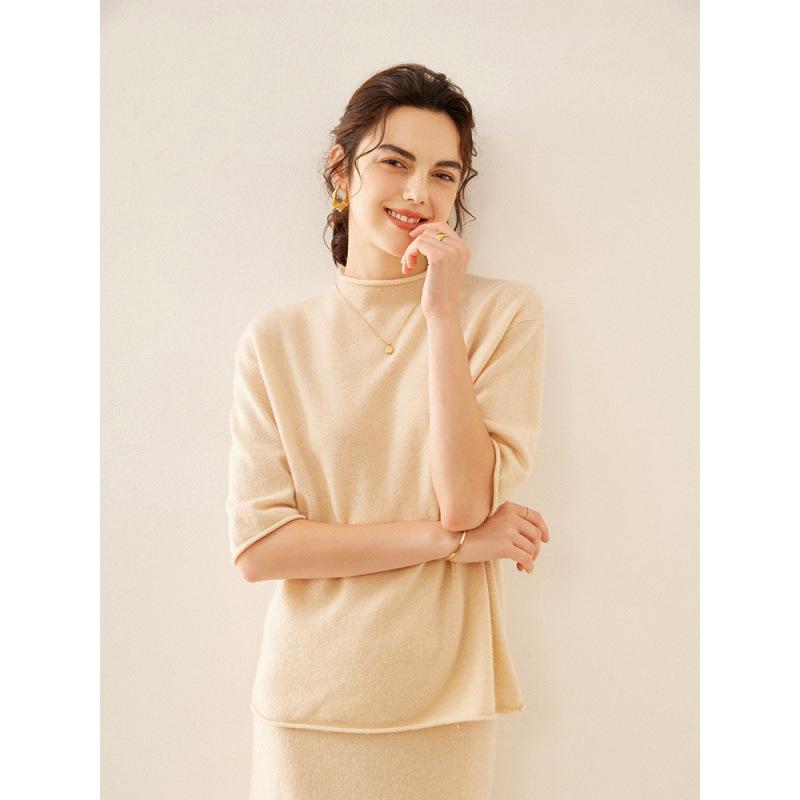 ニット レディース 羊毛 混 トップス プルオーバー ゆったり 五分袖 ハーフネック 無地 通勤着 的 青 グレー 紫 秋冬