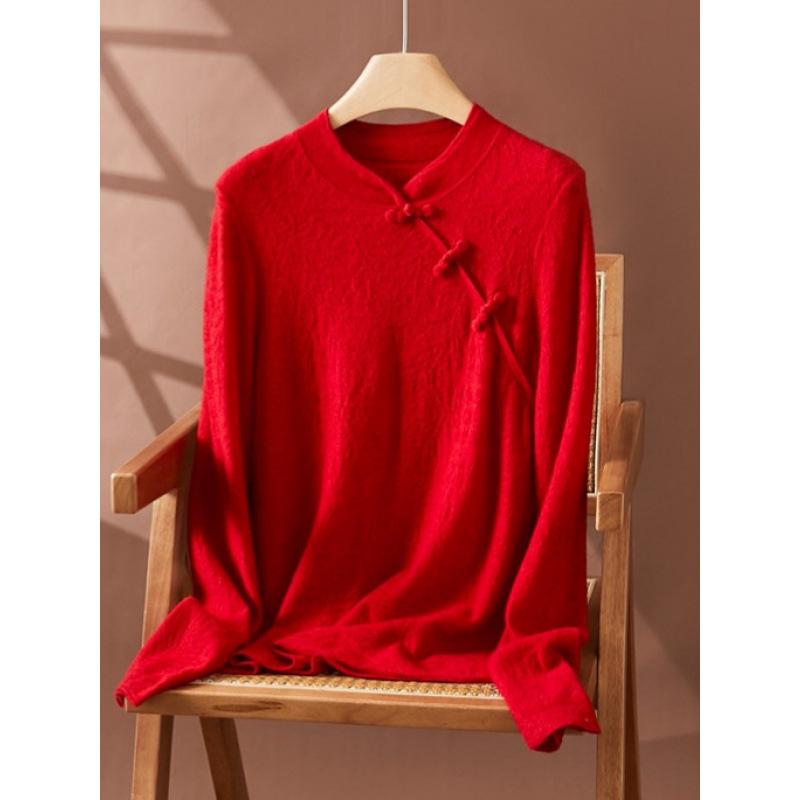 ニット レディース チャイナスタイル 立襟 プルオーバー トップス 無地 中国風 文芸復古 セーター 暖かい 秋冬 ピンク系 ブラック