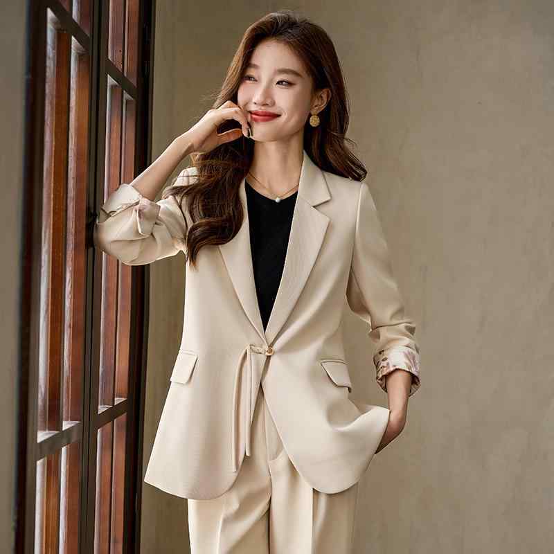 スーツ レディース 新中式 ポリエステル 秋物 テーラードジャケット パンツ 上下セット フォーマル オフィス 通勤 きれいめ エレガント 黒 白 茶色