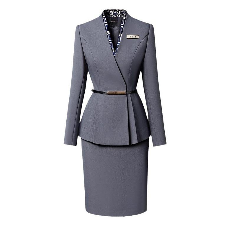 スーツ レディース 秋冬 グレー 長袖 ジャケット スカート パンツ セット ホテル フロント 受付 仕事着 フォーマル ポリエステル 無地