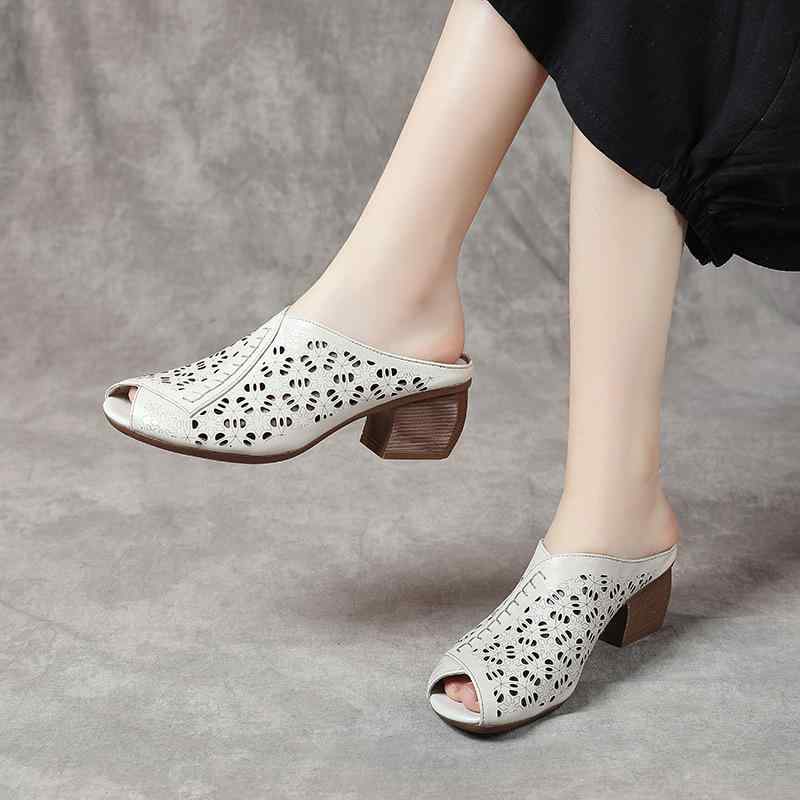 サンダル レディース 牛革 太ヒール 魚の口 ミュール コンフォート 民族風 レトロ ベージュ ピンク系