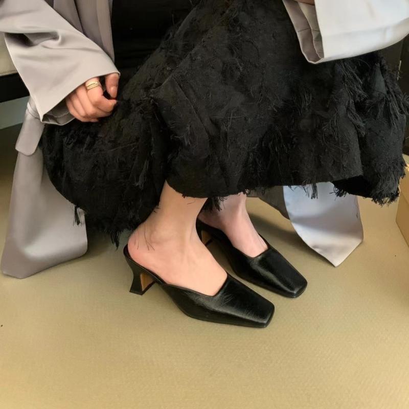 サンダル レディース バックストラップ チャンキーヒール スクエアトゥ 繊維 スリッパ ミュール 黒 白 ..