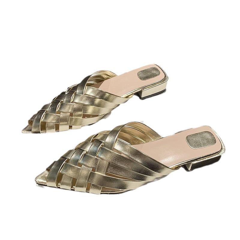 サンダル レディース mules ミュール パンプス ぺたんこ ローヒール フラットシューズ ポインテッドトゥ 編み込み シルバー シルバー ゴールド ゴールド ブラック 黒 PUレザー 婦人靴 歩きやすい 履きやすい 普段使い パーティー お洒落 おしゃれ(4)