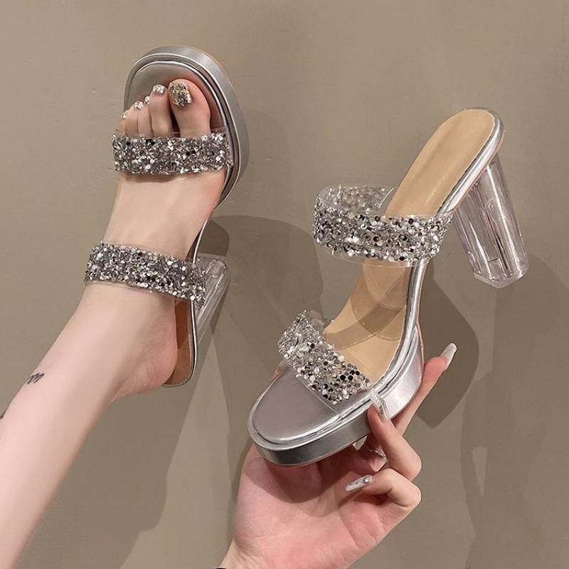 サンダル レディース 大きいサイズ 太ヒール 一文字 ミュール ラインストーン 高ヒール スクエアトゥ ゴールド シルバー PU 婦人靴 カジュアル