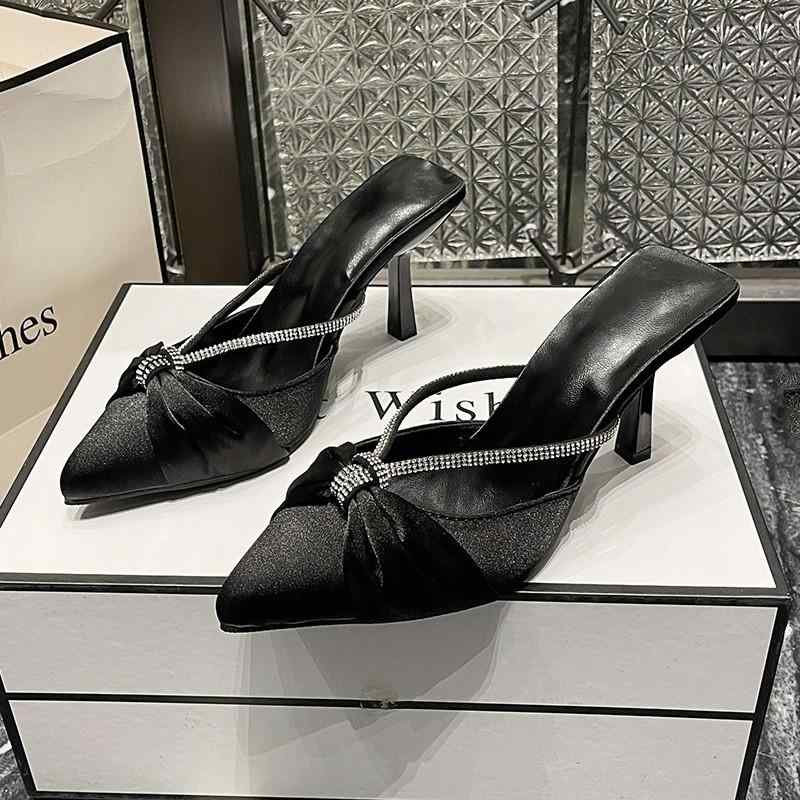 サンダル レディース 婦人靴 夏 サテン ラインストーン ピンヒール ポインテッドトゥ バックストラップ ミュール ブラック パープル