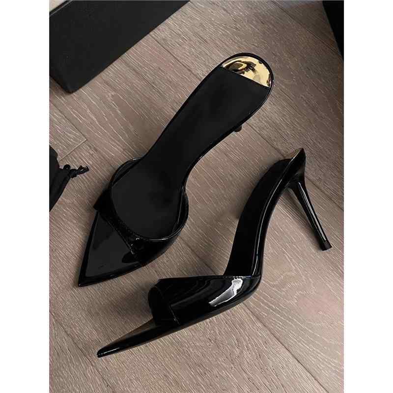 サンダル レディース 黒 杏色 米白 露趾 尖头 ピンヒール PU 夏 ビーチ リゾート(4)