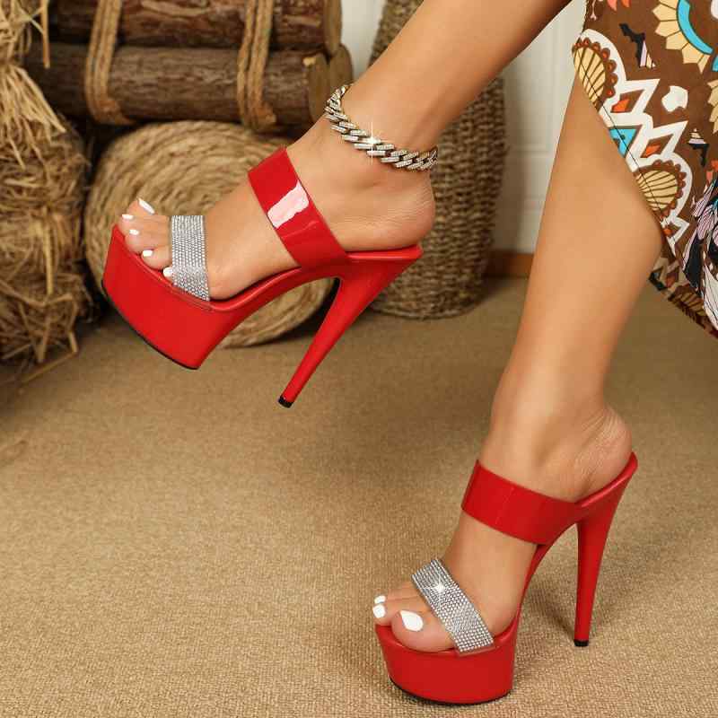サンダル レディース ハイヒール ピンヒール エナメル 防水 厚底 美脚 セクシー オープントゥ つま先なし レッド ピンク ブラック(x2)