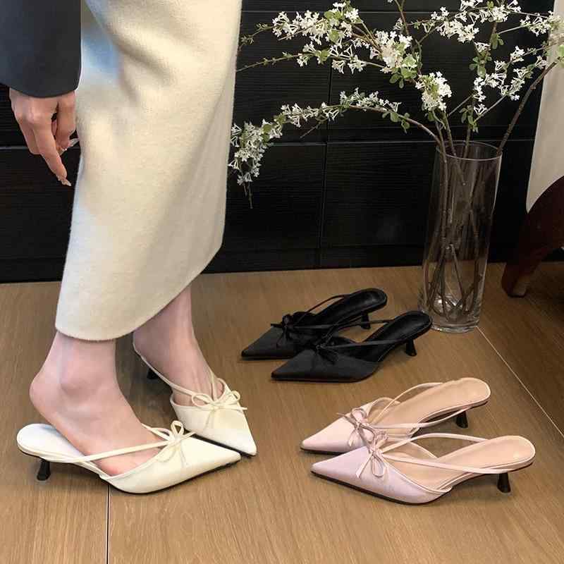 サンダル レディース かわいい 蝶結び スリッパ ミュール チャンキーヒール ポインテッドトゥ サテン エレガント フェミニン きれいめ お洒落 普段使い デート