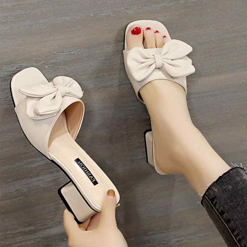 サンダル レディース 蝶結び スクエアトゥ 太ヒール ミドルヒール 合成皮革 繊 歩きやすい 普段使い 外履き ブラック ベージュ系