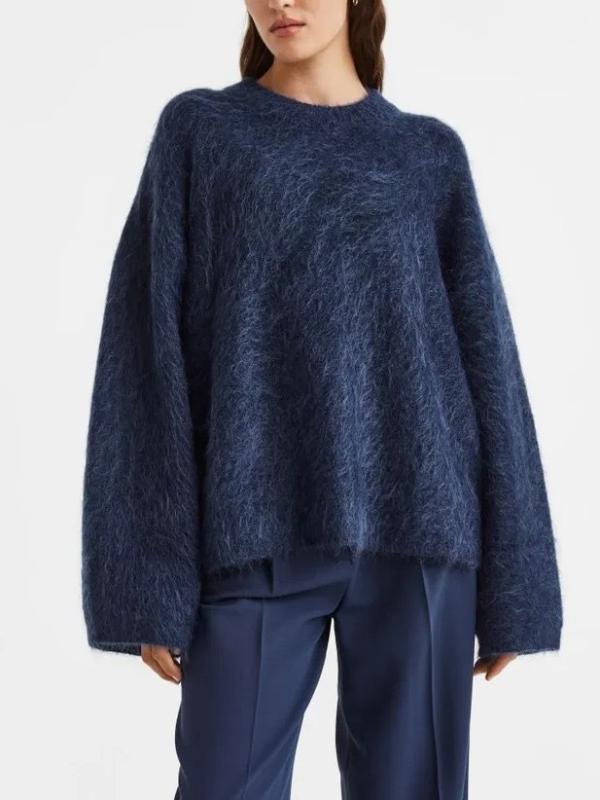 ニット・セーター レディース ゆったり ラウンドネック 長袖 プルオーバー 海 ブルー ドロップショルダー 伸縮性 暖かい 秋冬