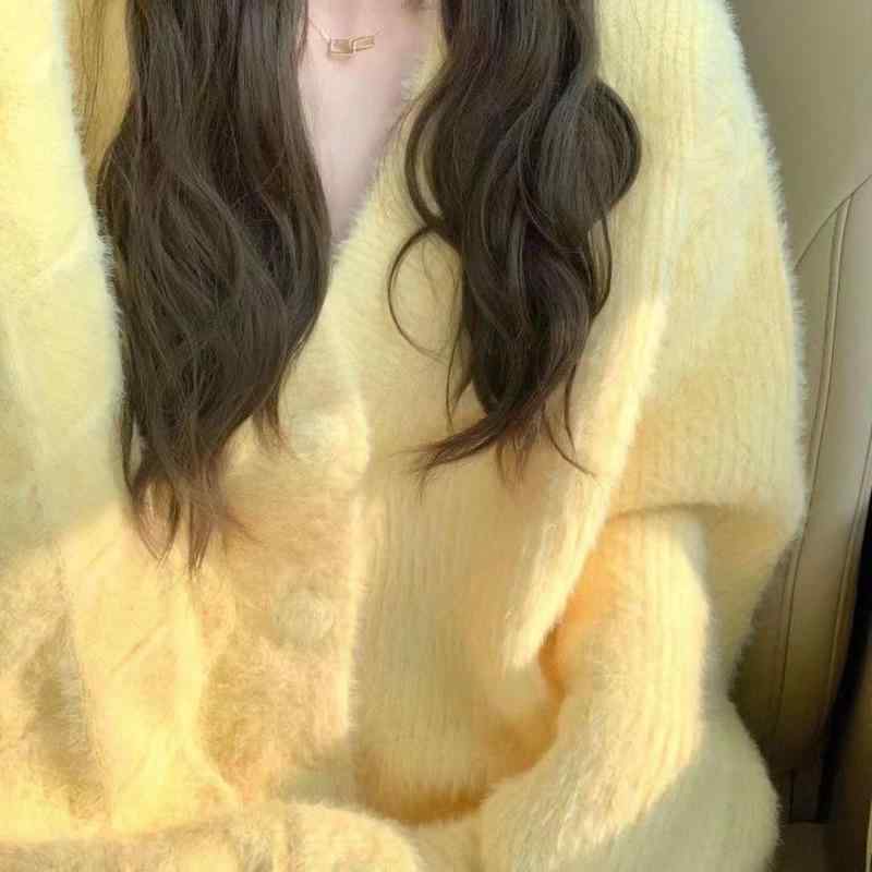 ニット カーディガン レディース Vネック ゆったり 長袖 ニット トップス ドルマンスリーブ 無地 イエロー系 秋冬 接触冷感 伸縮性 通勤 普段使い