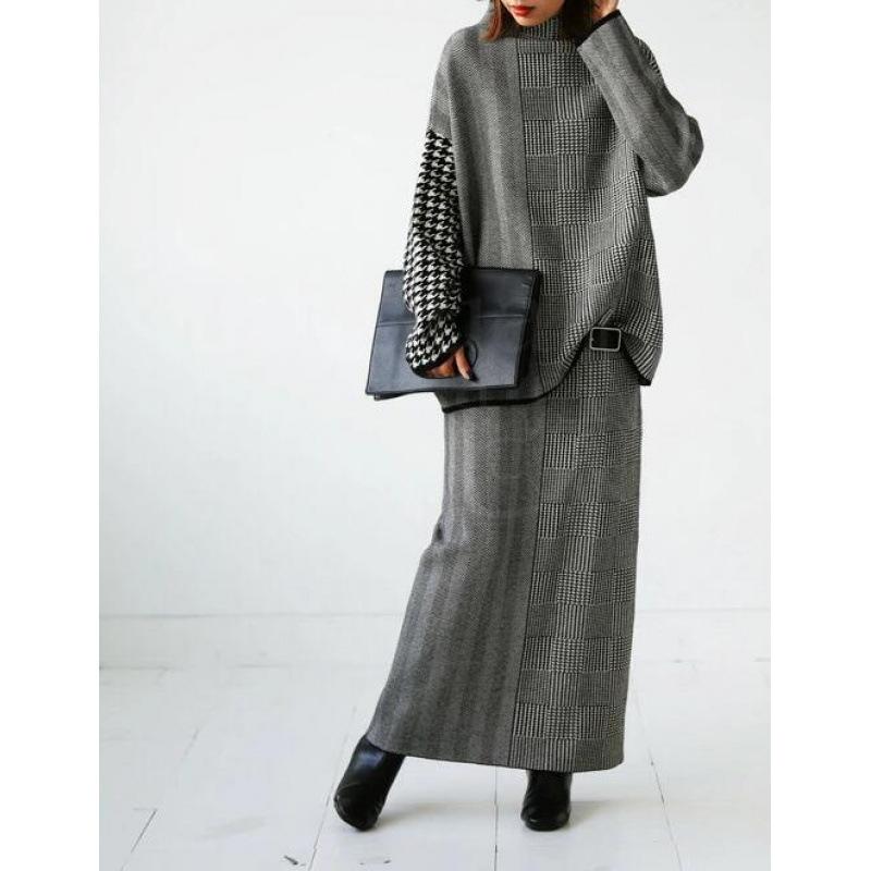 ニット レディース 秋冬 高めネック セーター ゆったり 暖かい レトロ風 ドロップショルダー 切り替え アクリル トップス