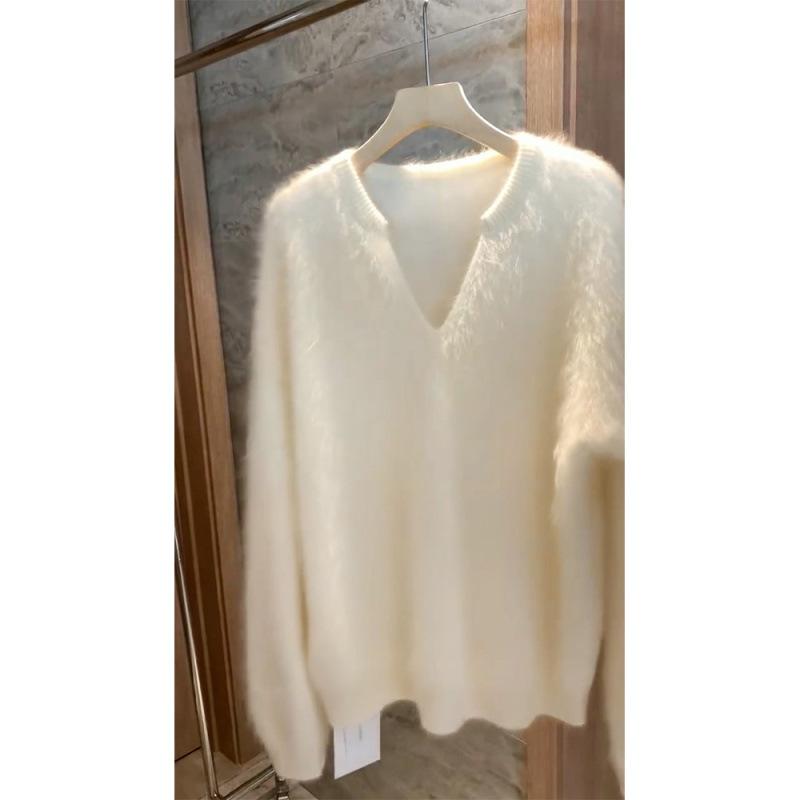 ニット レディース Vネック 浣熊(ラクーン)混 セーター 秋冬 厚手 ゆったり 柔らかい 肌触り 粘 繊維 トップス 長袖 プルオーバー 青 ブルー 黒 ブラック 白 オフホワイト グレー 通勤 きれいめ かわいい(4)