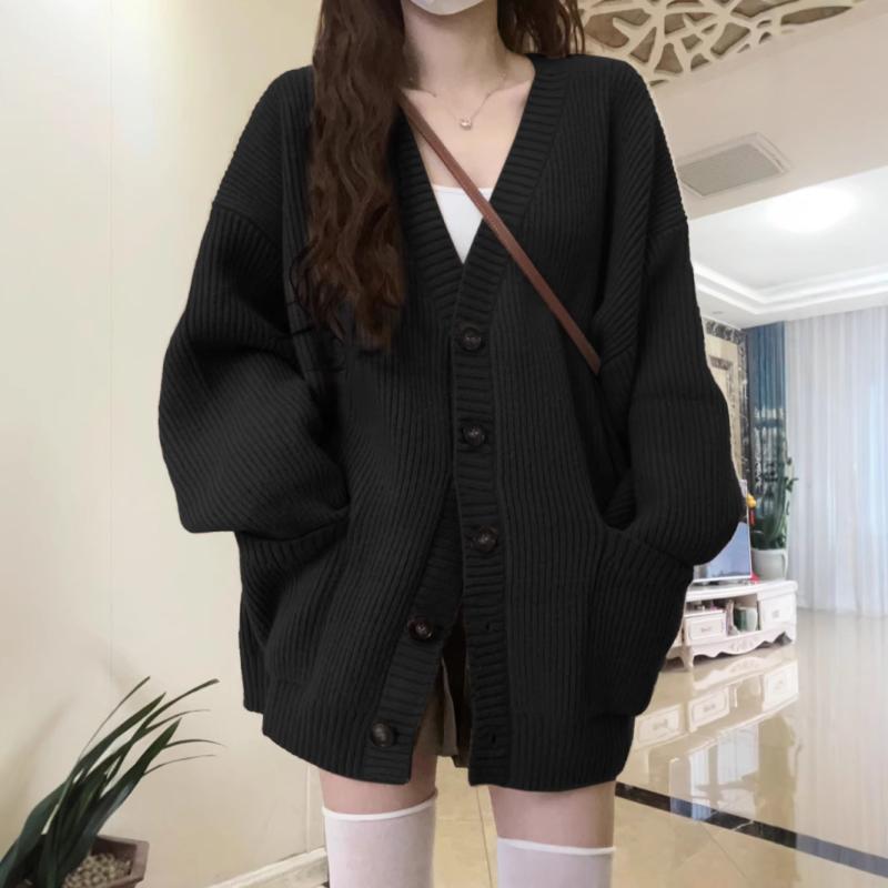 ニットカーディガン レディース Vネック ブラック 黒 無地 長袖 ゆったり 伸縮性 柔らかい シェニール あったか 秋冬 私服 名媛