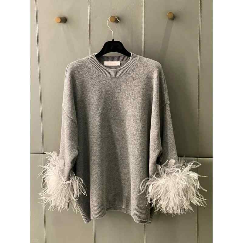 ニット レディース 羽根 切り替え 丸首 長袖 プルオーバー グレー フェミニン エレガント 通勤 オフィ..