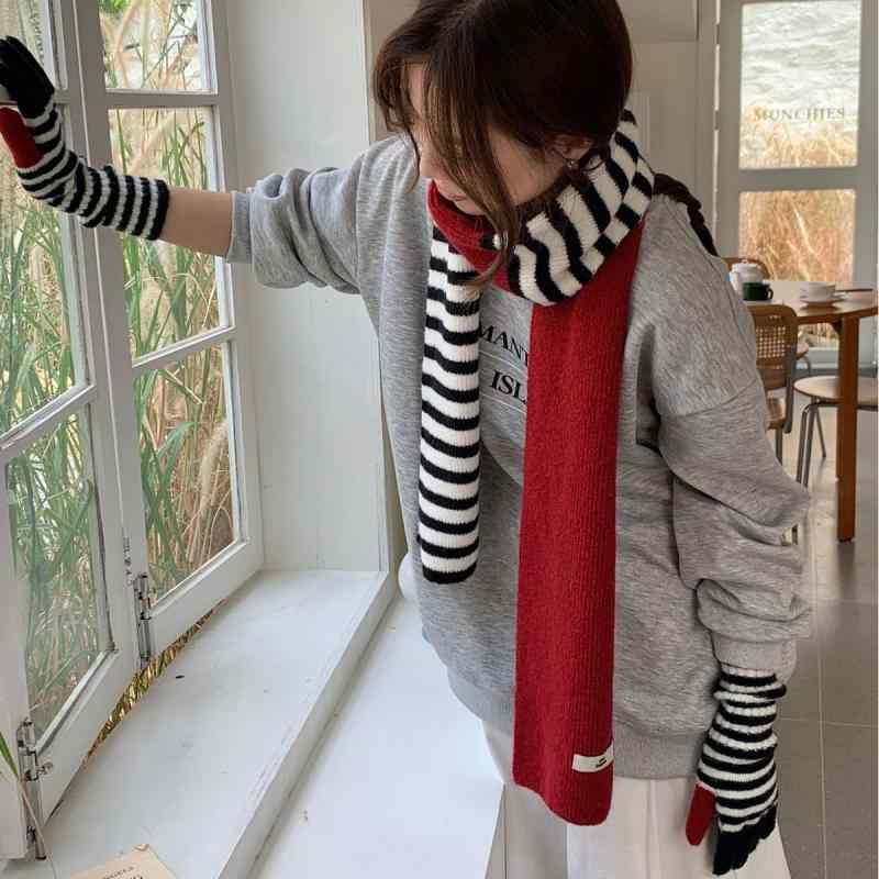 手袋 レディース 秋冬 ニット 手袋 マフラー 2点セット 防寒 あったか グローブ 赤 黒 白 ボーダー柄 かわいい