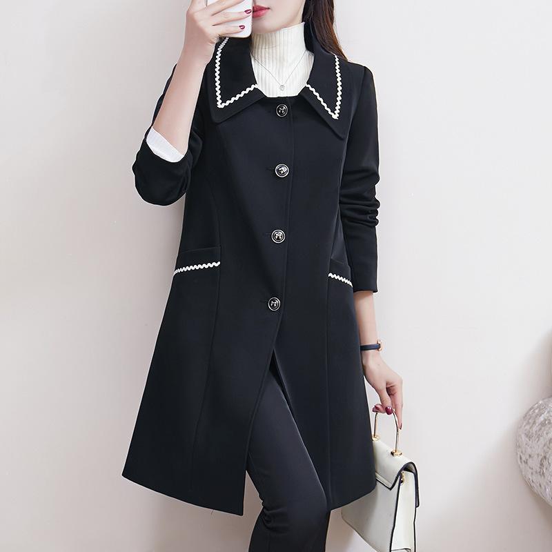 コート レディース 大きいサイズ ゆったりめ ポリエステル 黒 ブラック 無地 長袖 膝丈 ミドル丈 ポケット付き 韓国 カジュアル 体型カバー(x2)