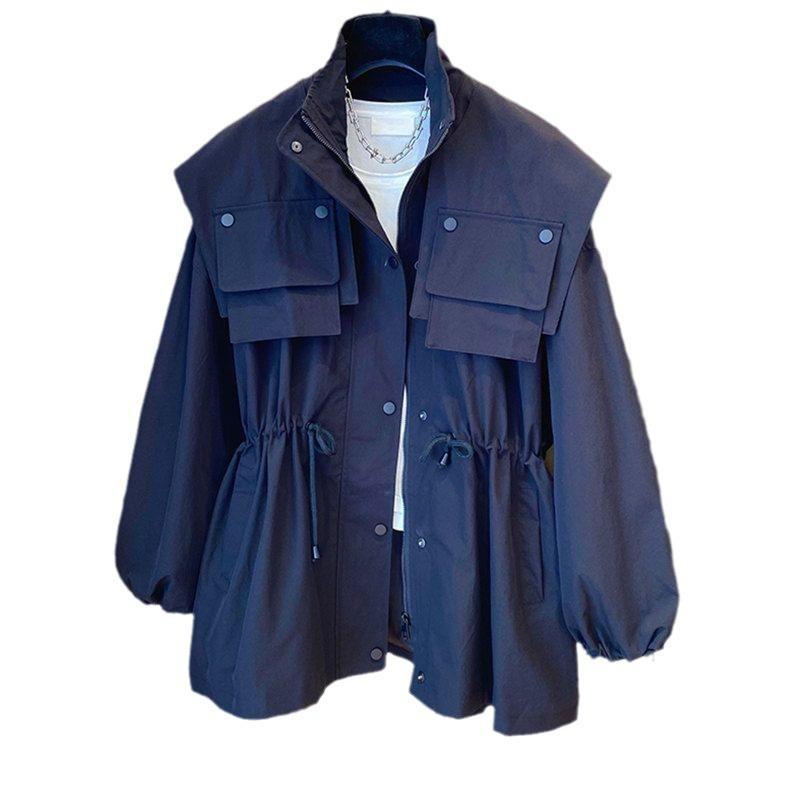 トレンチコート レディース ゆったり 春秋 立襟 長袖 ミドル丈 アウター 無地 黒 通勤