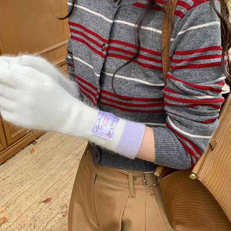 手袋 レディース 秋冬 スマートフォン対応 保温 配色 ニット グローブ ラビットファー ライク 深灰色 ..