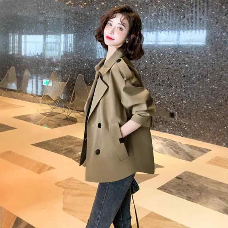 コート レディース スプリング ショート丈 ポリエステル ゆったり カーキ テーラード 長袖
