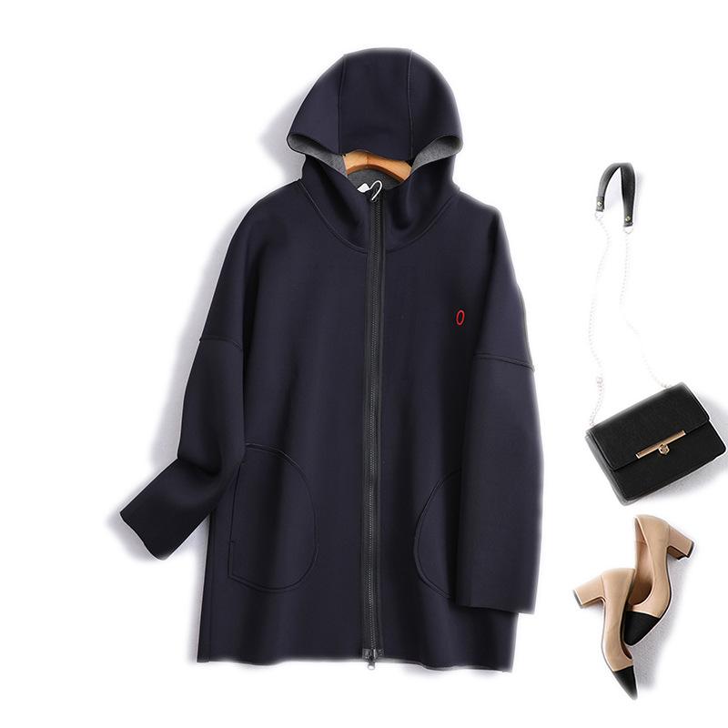 コート レディース 秋冬 風 切り替え ジップアップ 刺繍 フード付き 英国風 オーバーサイズ ゆったり 厚手 ミドル丈 アウター グレー 紺色