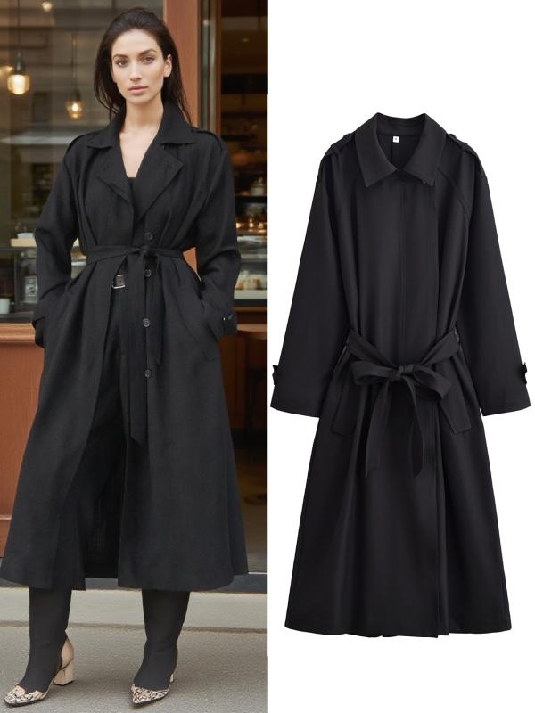 コート レディース テーラード ポリエステル 無地 黒 ブラック ロング丈 長袖 襟付き ゆったり ウエストベルト付き 欧美風 ストリート