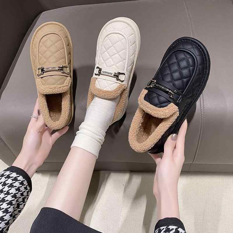 スリッポン レディース 豆 婦人靴 冬用 防寒 あったか フラット ローカット ラウンドトゥ 無地 カジュアル ぺたんこ 履きやすい 疲れにくい 滑り止め 黒 白(4)