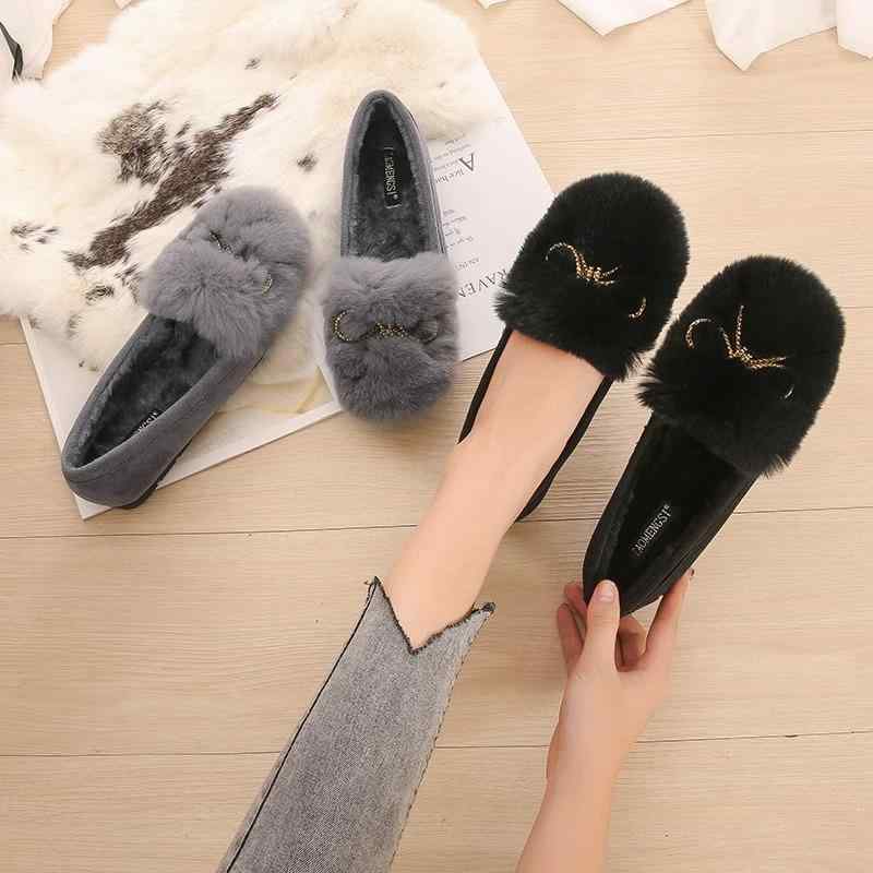 靴 レディース 秋冬 豆 シューズ ファー ローヒール スリッポン ラウンドトゥ 婦人靴 かわいい 暖かい もこもこ フラットソール ぺたんこ 普段使い デイリー ブラック グレー