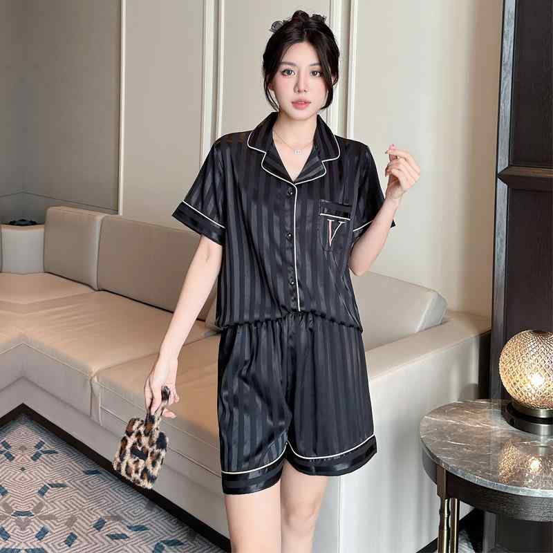 パジャマ レディース 接触冷感 ストライプ柄 半袖 短パン 上下セット ルームウェア 部屋着 寝間着 薄手 涼しい 快適 ポリエステル 黒 ピンク系 春夏