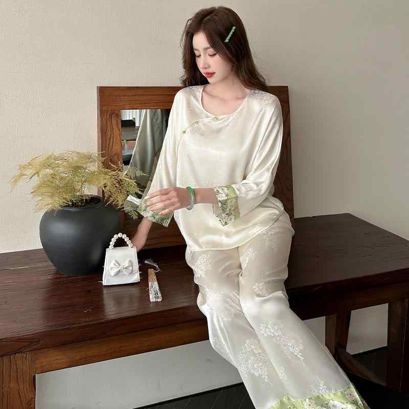パジャマ レディース 春夏 セットアップ ルームウェア ポリエステル 寝間着 長袖 長ズボン ラウンドネック 薄手 涼しい 快適 古風 国風 杏色