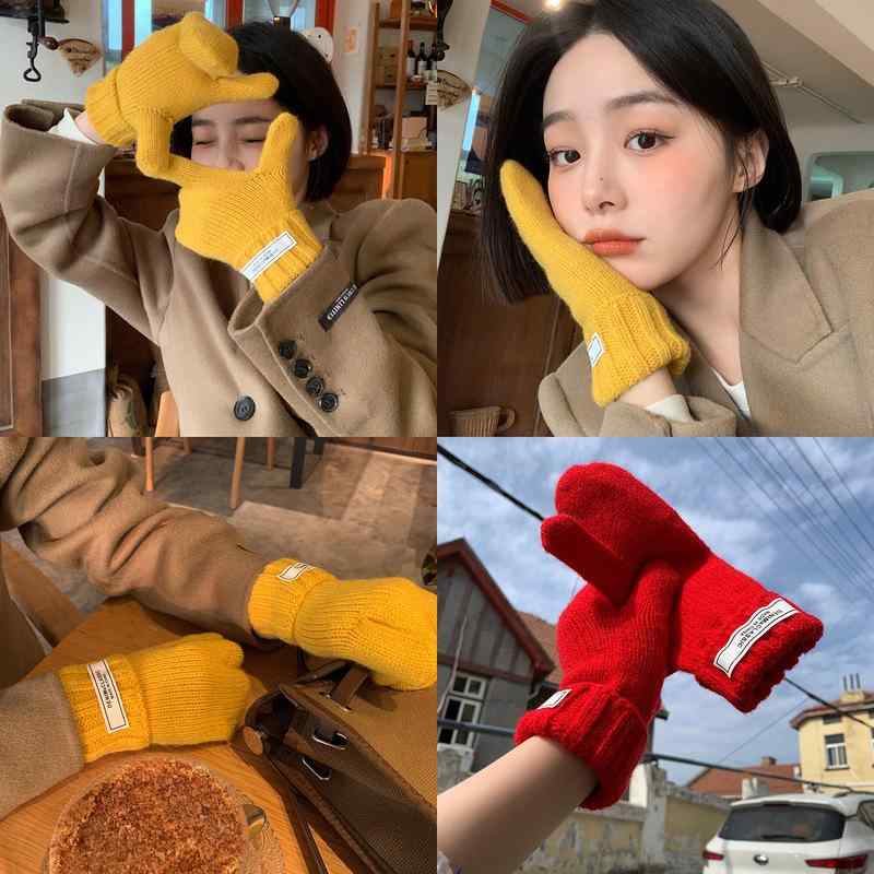 手袋 レディース 秋冬 防寒 ニット グローブ かわいい スマートフォン対応 赤色 黄色 緑色 青色 黒色 橘色 咖啡色 米白色 乳白色 浅灰色 深緑色(4)