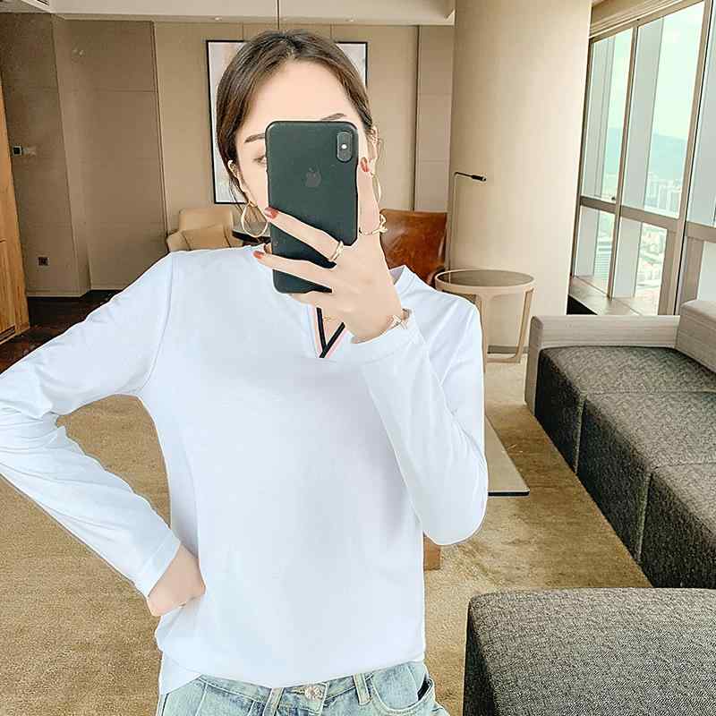 Tシャツ レディース 長袖 Vネック カットソー スリム 綿 トップス 韓国風 着痩せ 無地 黒 白 青 桃色 緑 M L XL XXL 3XL 4XL 通勤 通学