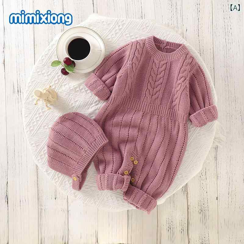 ベビー服 春秋 長袖 ニット ロンパース 帽子付き セット 婴幼童 赤ちゃん 男の子 女の子 かわいい パス..