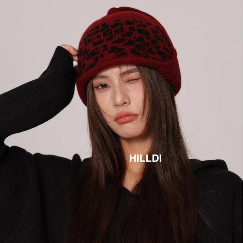 2個セットニット帽 レディース 秋冬 豹柄 ウール 帽子 防寒 暖かい ニットキャップ 女性 婦人 小物 ブラック 黒 グレー 赤 日韓風 かわいい