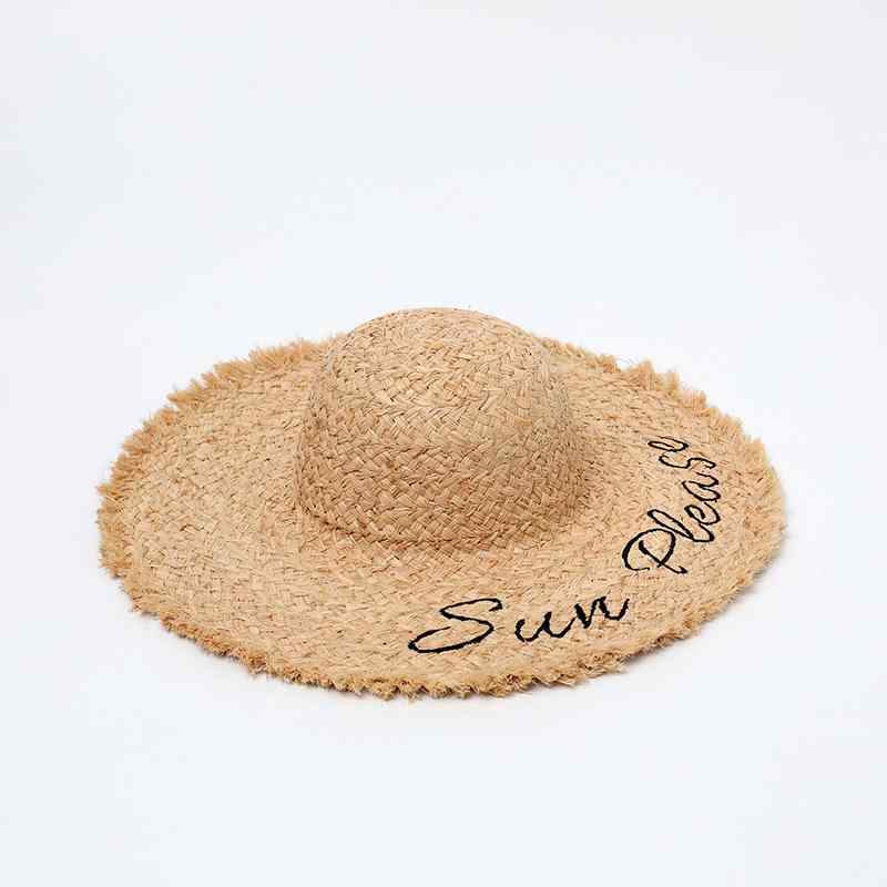 麦わら帽子 レディース ラフィアハット 刺繍ロゴ 大つば UVカット 紫外線対策 日焼け防止 熱中症予防 春夏 海 ビーチ 旅行 リゾート(4)