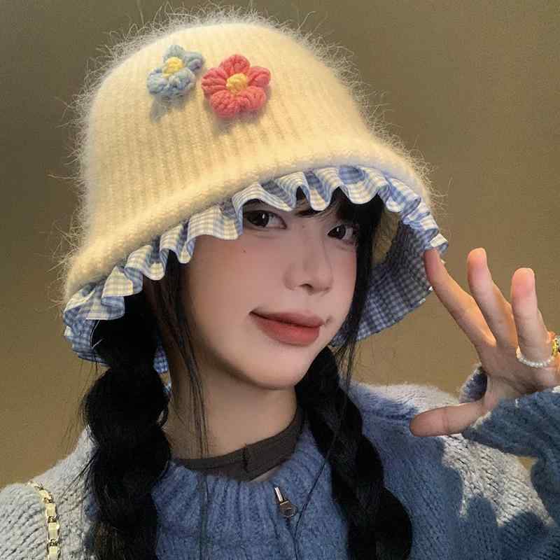 ニット帽 レディース 秋冬 花柄 バケットハット ガーリー あったか ウール 帽子 かわいい 防寒 小顔効果 韓国 おしゃれ 漁師帽 婦人 旅行用 プレゼント ギフト ミセス(4)