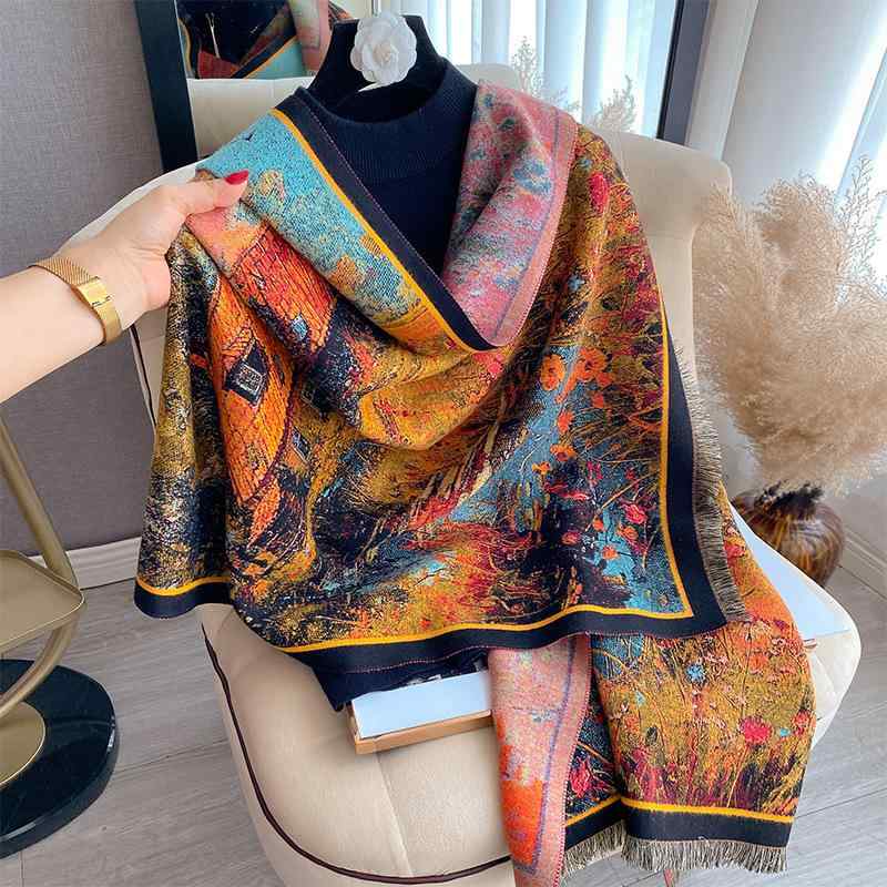 ストール レディース 秋冬 厚手 大判 暖か 保温 ショール 仿羊绒 猫 バタフライ アニマル柄 オイルペイ..