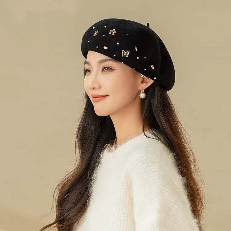 ベレー帽 レディース 秋冬 ウール 混紡 蝶結び あったか 防寒 保温 無地 シンプル かわいい おしゃれ ..