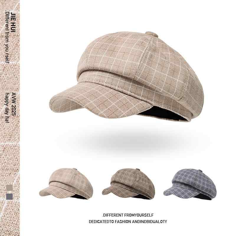 帽子 レディース 秋冬 八角帽 ベレー帽 ウール混紡 ストライプ 格子柄 あたたかい ベージュ ブラウン グレー レトロ