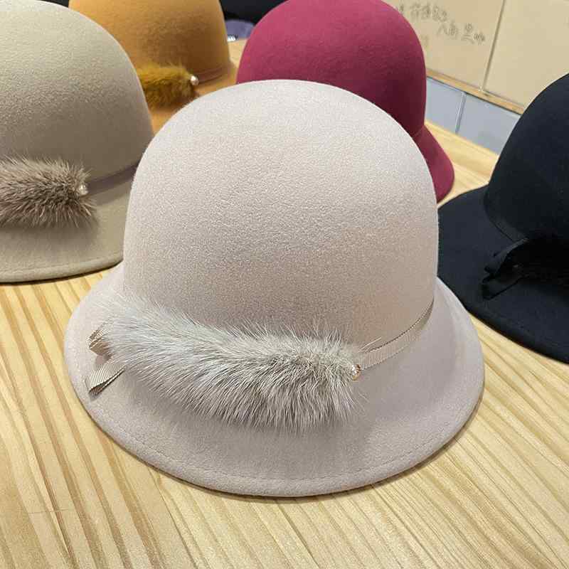 帽子 レディース 秋冬 水貂毛 飾り付き ウール ハット エレガント 英国風 丸型 保温 防寒 お洒落 かわ..