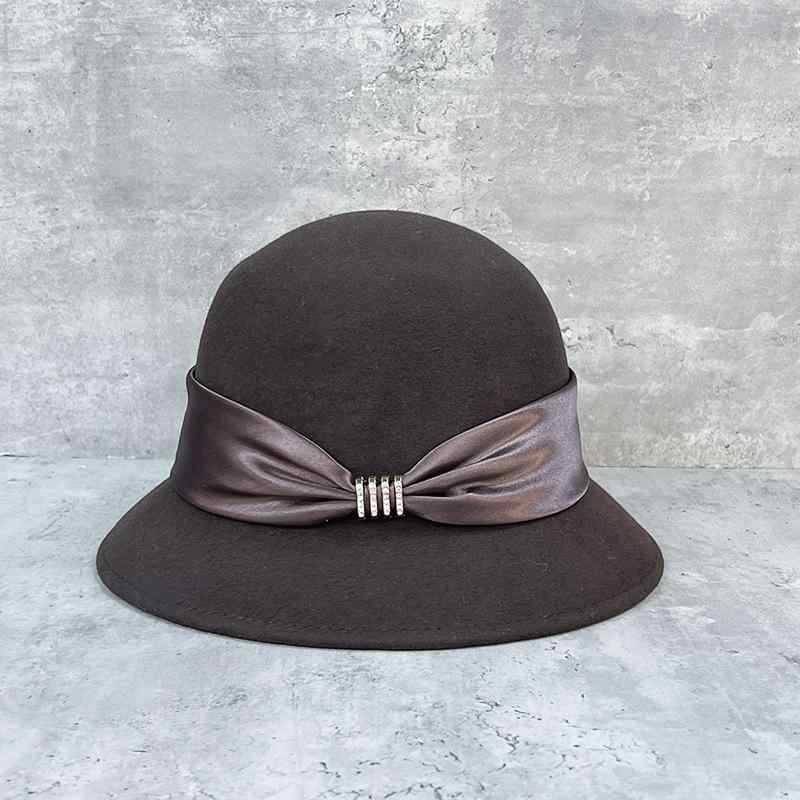 帽子 レディース 秋冬 ウール ハット 丸型 大つば 保温 遮光 黒 コーヒー 白 カーキ リボン 上品 きれいめ エレガント カジュアル(4)