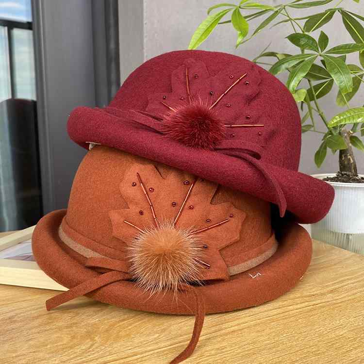 帽子 レディース 秋冬 羊毛 ウール 丸型 クラシカル ハット ブラック キャメル ワインレッド ドリルレ..